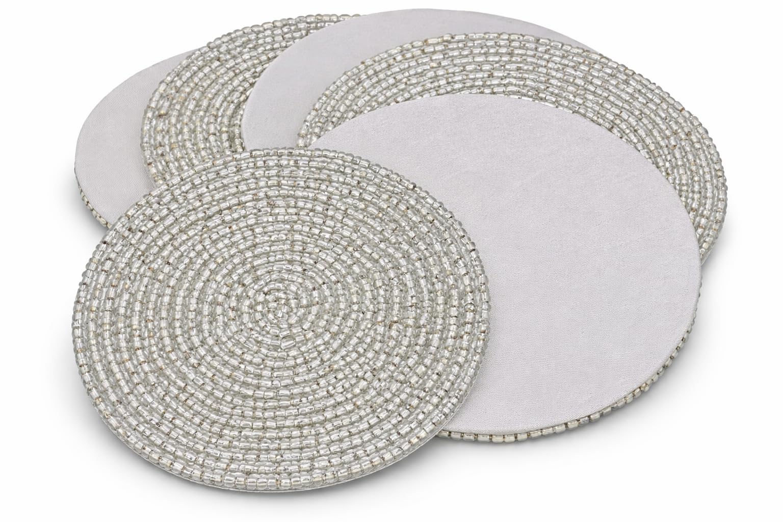 KPAVIR Silver Beaded Coasters Set – Handmade Round Drink Coasters with Non-Slip Fabric Backing, Heat Resistant Table Protection for Coffee Table, Dining Table & Home Decor (Set of 6)