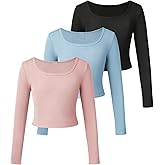 Floerns Girls 3 Piece Solid Ribbed Knit Square Neck Long Sleeve Tee Shirts Crop Tops