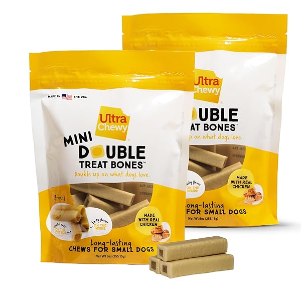 ULTRA CHEWY MINI DOUBLE TREAT BONES: LONG-LASTING DOG TREATS MADE IN USA, HIGHLY DIGESTIBLE, IDEAL FOR AGGRESSIVE CHEWERS 9OZ (CHICKEN, 2 PACKS)