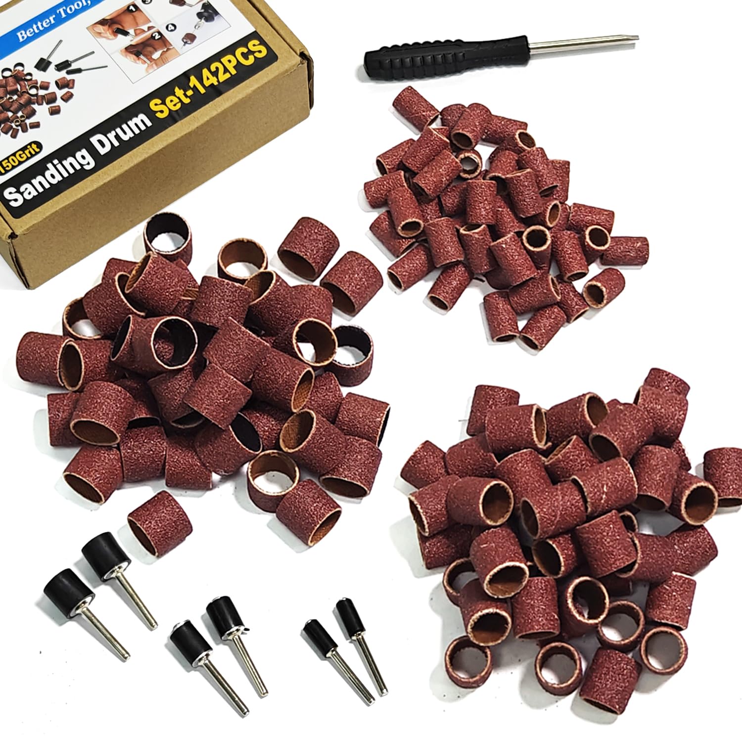 Photo 1 of Asieg Tool Sanding Drum Kit 142Pcs 150Grit, 1/2" & 3/8" & 1/4" Diameter Drum Sanding Band with 3.17mm Shank Mandrels for Drill Dremel Rotary Tools Nails Drill
