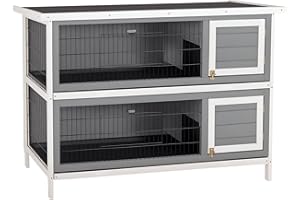 PawHut 54" 2-Story Large Rabbit Hutch Bunny Cage Wooden Pet House Small Animal Habitat with Lockable Doors, No Leak Tray and Waterproof Roof for Outdoor/Indoor Dark Grey