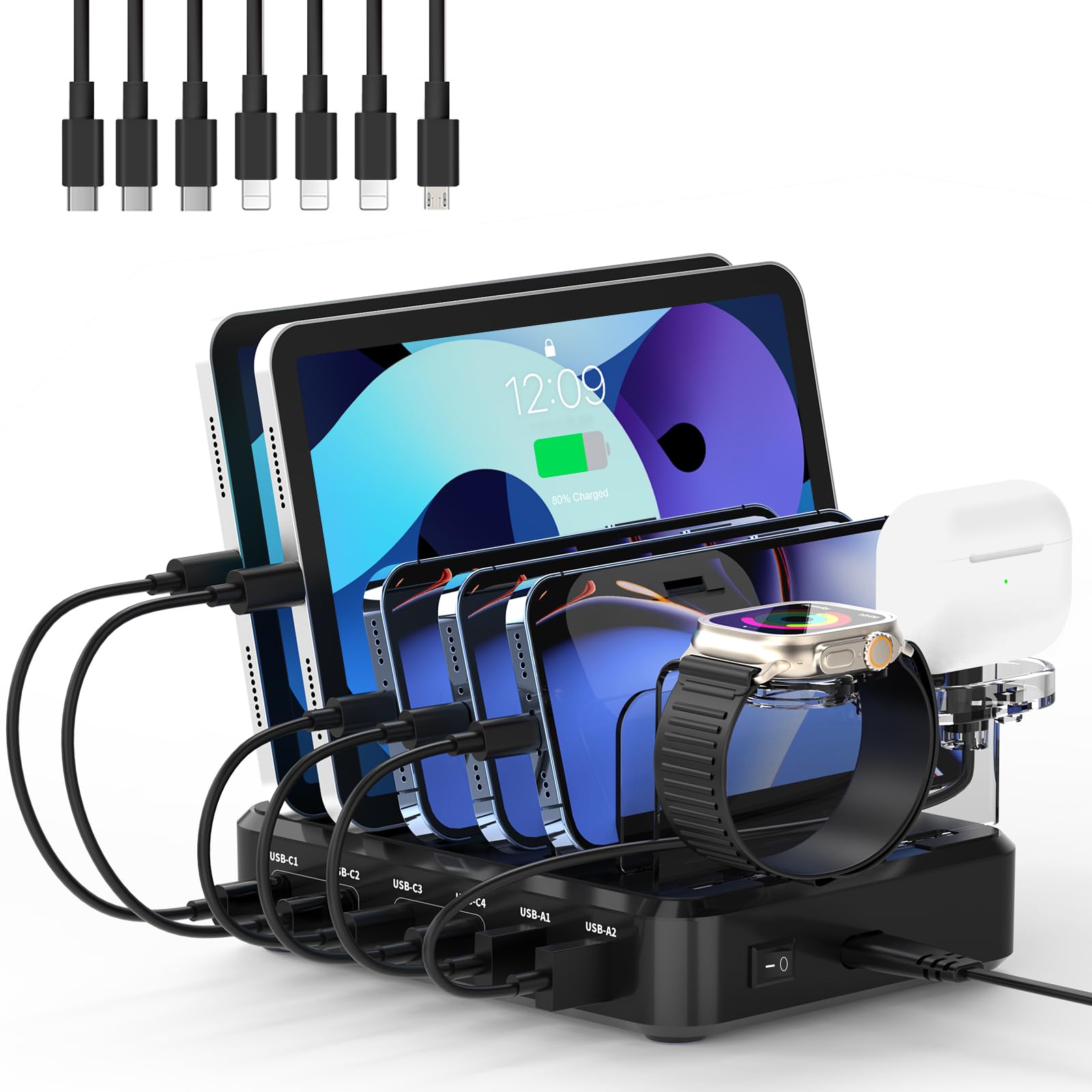 Photo 1 of TYCRALI 120W USB C Charging Station: 4C2A Port Output Max 65W Fast Charger for MacBook Air Apple iPhone iPad Tablet and Samsung Android Devices (Black)