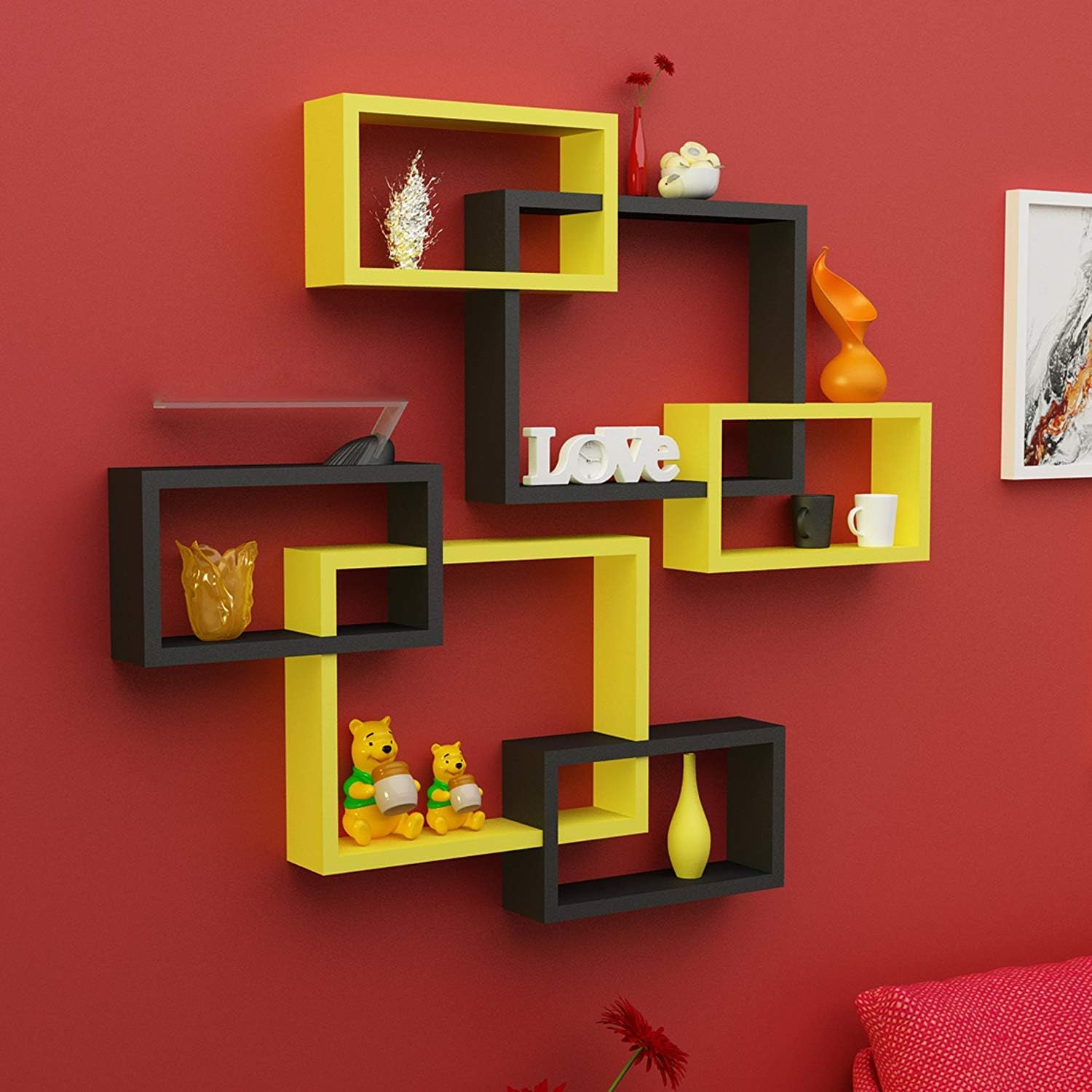 Onlineshoppee Intersecting MDF Set of 6 Wall Shelves (Yellow & Black)
