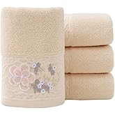 Pidada Hand Towels Set of 4 Embroidered Floral Pattern 100% Cotton Absorbent Soft Decorative Towel for Bathroom (Brown)