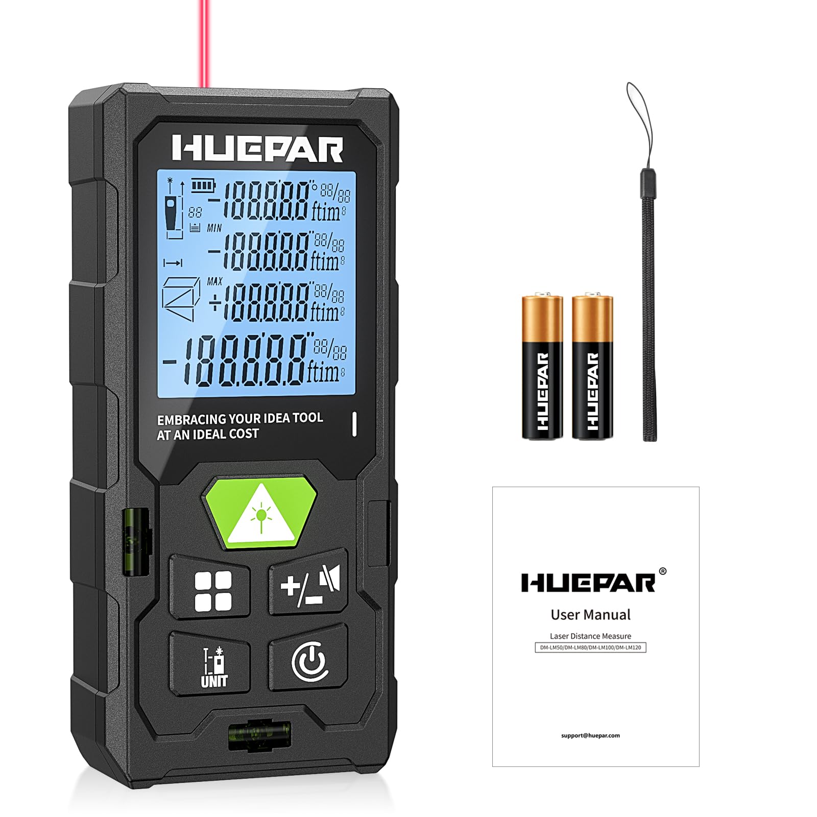 Huepar Laser Measure 165FT Laser Measuring Tool Digital Laser Distance Meters with 2 Bubble Levels, Backlit LCD, Measure Distance, Area and Volume and Pythagorean Mode DM-LM50
