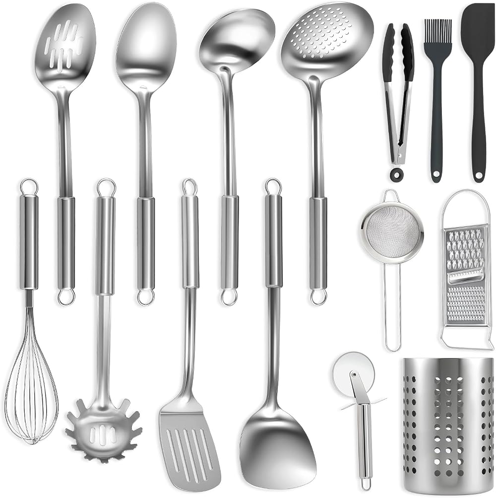 BEWOS 15-Piece Stainless Steel Kitchen Utensil Set with Bag Storage Bin