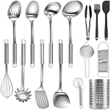 BEWOS 15-Piece Stainless Steel Kitchen Utensil Set with Bag Storage Bin