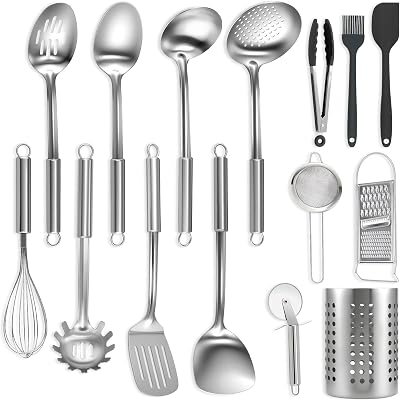 BEWOS 15-Piece Stainless Steel Kitchen Utensil Set with Bag Storage Bin