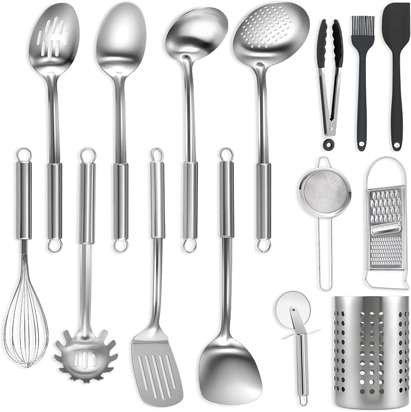 BEWOS 15-Piece Stainless Steel Kitchen Utensil Set with Bag Storage Bin