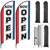 2 Sets Open Feather Flag for Businesses Now Open Themed Swooper Banner Sign with Carbon Fiber Pole and Advanced Ground Stake Portable Bag Advertising Flag Banner for Business Advertising Outside