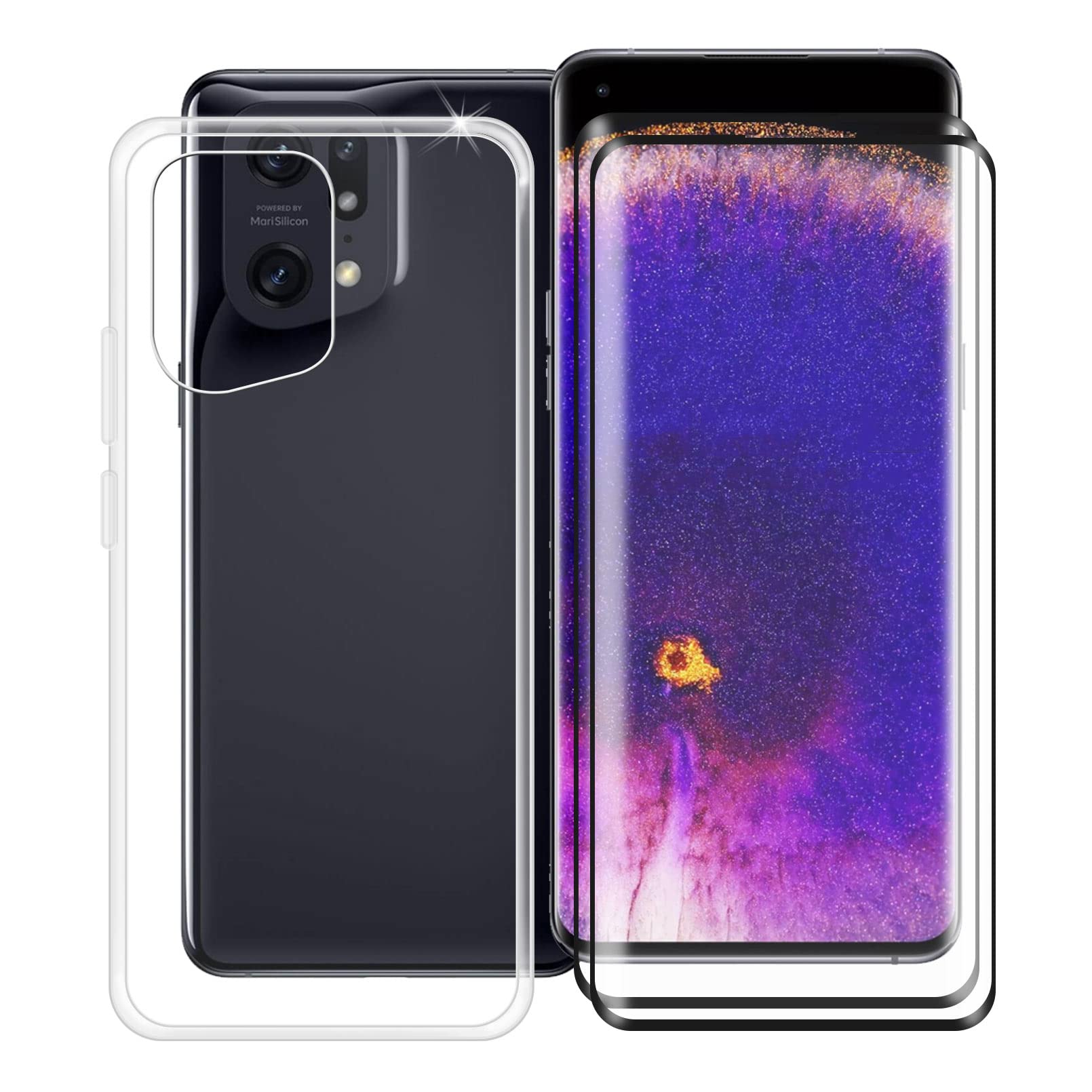 HHUAN Case for Oppo Find X5 Pro (6.7 inches) with 2 pieces tempered glass screen protector, transparent silicone protective TPU bumper mobile phone case + tempered glass film for Oppo Find X5 Pro -