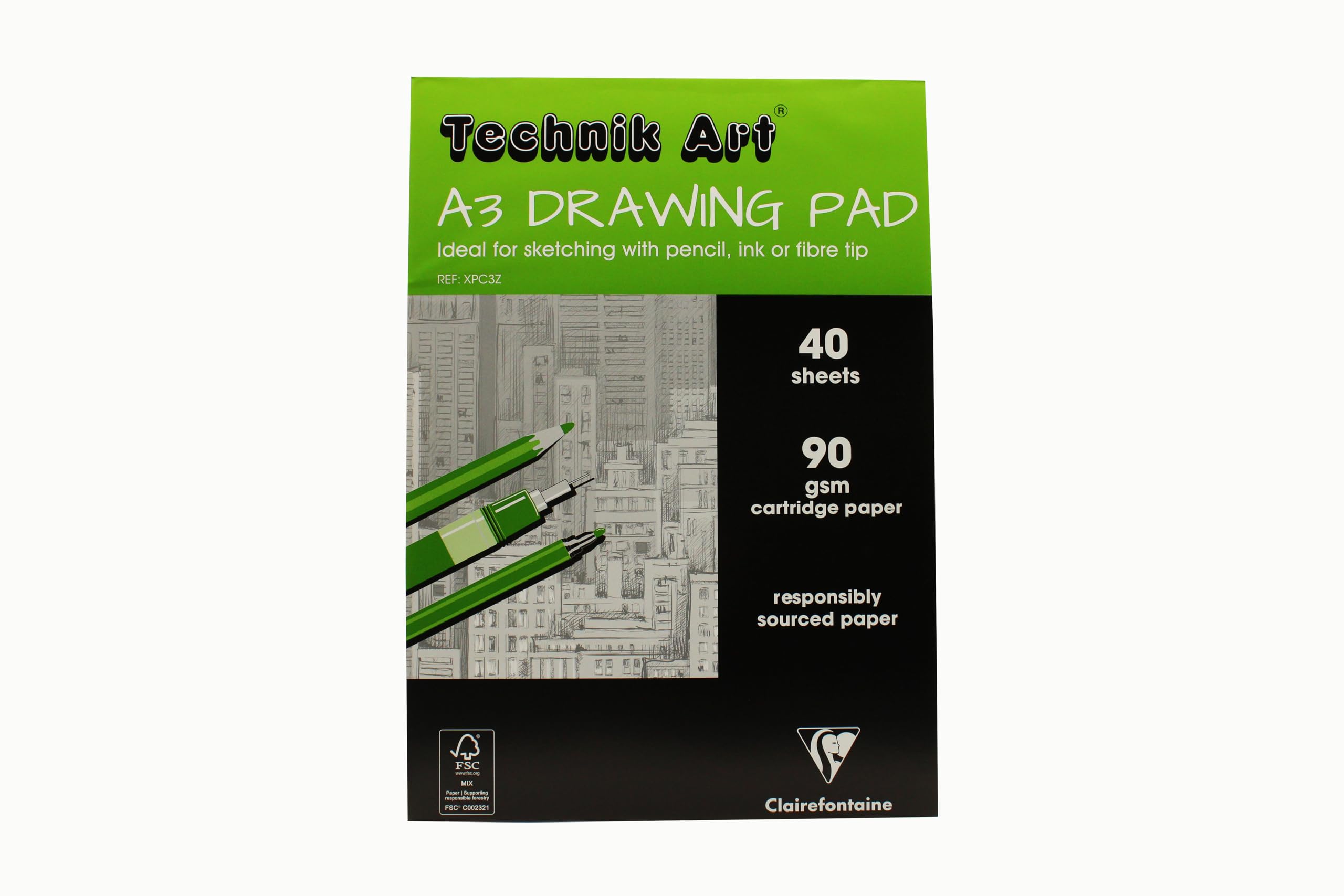 Clairefontaine - Ref XPC3Z - Technik Art - Drawing Pad, A3, 90gsm Blank Cartridge Paper, 40 Sheets Per Pad - Ideal for Sketching with Pens, Pencils or Fibre Tips