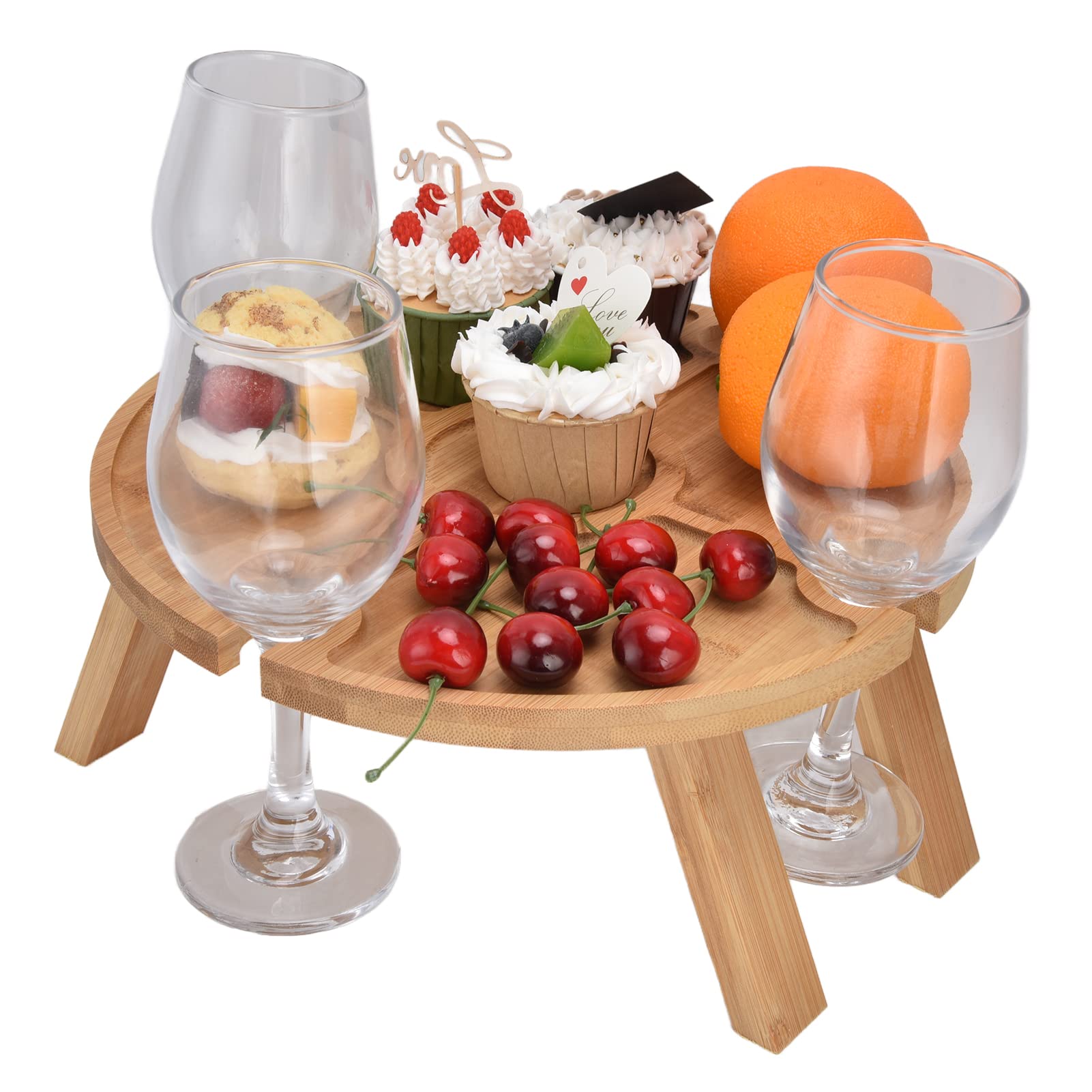 Foldable Wooden Wine Picnic Table – Portable Outdoor Snack & Cheese Tray with 4 Glass Holders for Garden, Camping, Beach