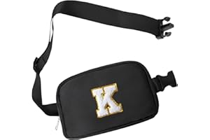 COSHAYSOO Small Initial Waist Fanny Pack Belt Bag with Chenille Letter Patch for Women Men Boy Sports Shopping Walking, Mini Preppy Cute Cross body Adjustable Strap Fashionable Pouch Black (K)