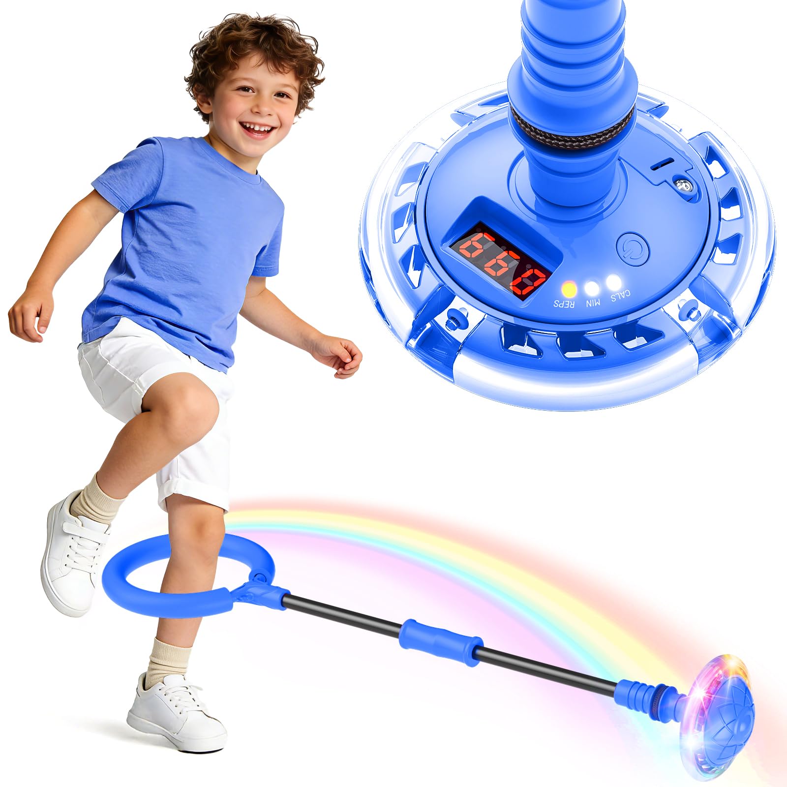 Jofuni Ankle Skip Ball for Kids with Counter, Timer, Cal Calculator, Boys Birthday Gifts for Age 6 7 8 9 10, Battery Powered Foldable Outdoor Sports Toy for 6 7 8 9 10 Year Old Girl Boys (Blue)