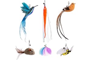JXFUKAL Cat Feather Toy Refills, 6Pcs Simulation Bird Mouse Bee Worm Feather Cat Lures Wand Attachment Replacement for Kitty Kitten Indoor Cats Accessories