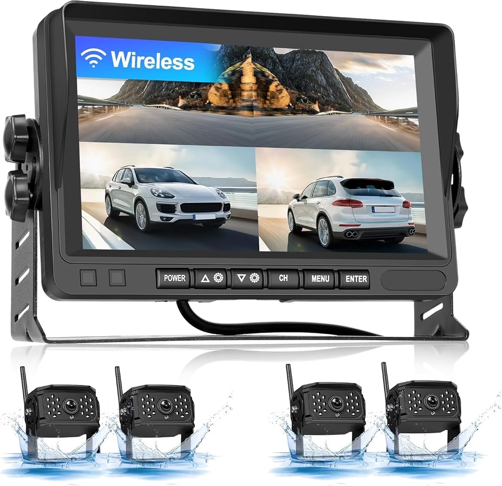 CAMECHO Wireless RV Backup Camera 4 Split Screen 7" Monitor DVR Night Vision