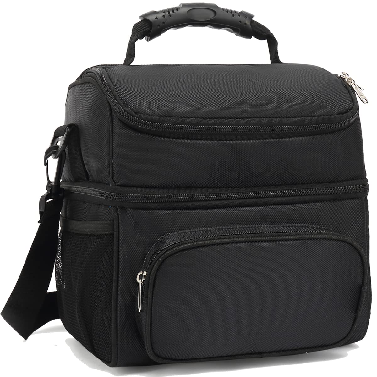Photo 1 of FlowFly Double Layer Cooler Insulated Lunch Bag Adult Lunch Box Large Tote Bag for Men, Women, With Adjustable Strap,Front Pocket and Dual Large Mesh Side Pockets,Black