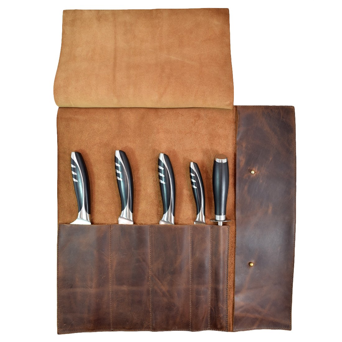 Rustic Leather Knife Roll (5 pockets) Handmade by Hide & Drink :: Bourbon Brown