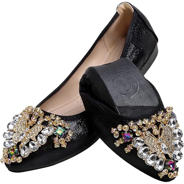 Anxle Womens Foldable Ballet Flats Bling Rhinestone Pointed Toe Comfort Slip On Walk Work Loafers Bridal Dress Shoes, 2-gold Yellow, 6