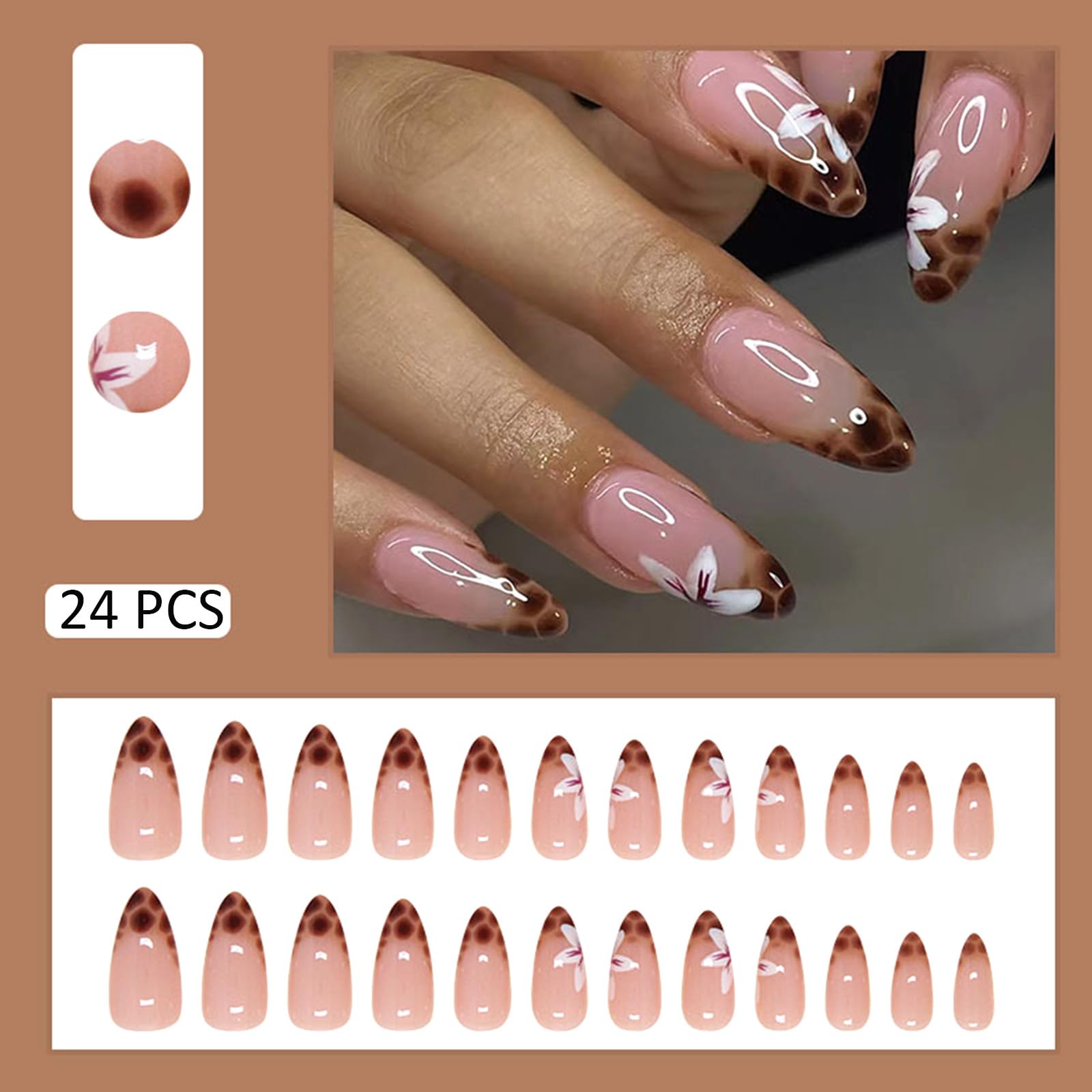 24Pcs French Tip Press on Nails Almond Fake Nails Leopard French Flower False Nails Medium Glue on Nails Glossy Acrylic Nails Reusable Stick on Nails Full Cover Nail Tips for Women Girls - Image 5