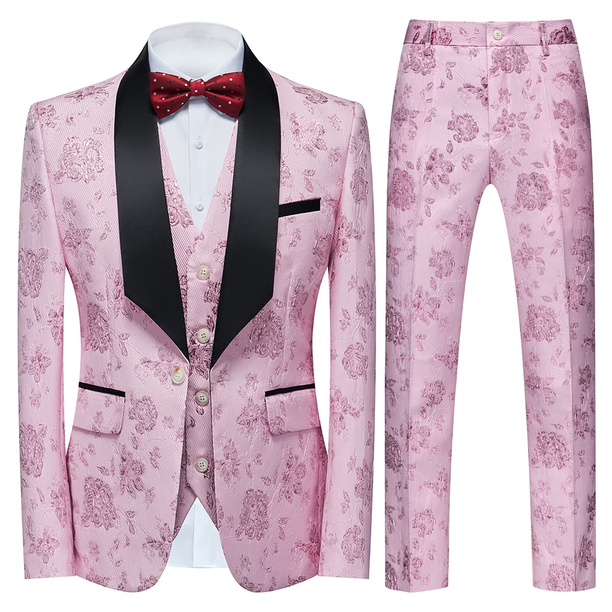 Photo 1 of Tuxedo Suits for Men 3 Piece Regular Fit Suit Floral Pattern Blazer Jacket Waistcoat Pants Men Suit Set for Wedding Baby Pink