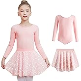 DIPUG Long Sleeve Ballet Leotards for Girls Dance Dress Removable Skirt with Shiny Star