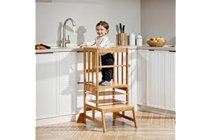 COSYLAND Height Adjustable Toddler Standing Tower - Toddler Kitchen Stool Helper Natural