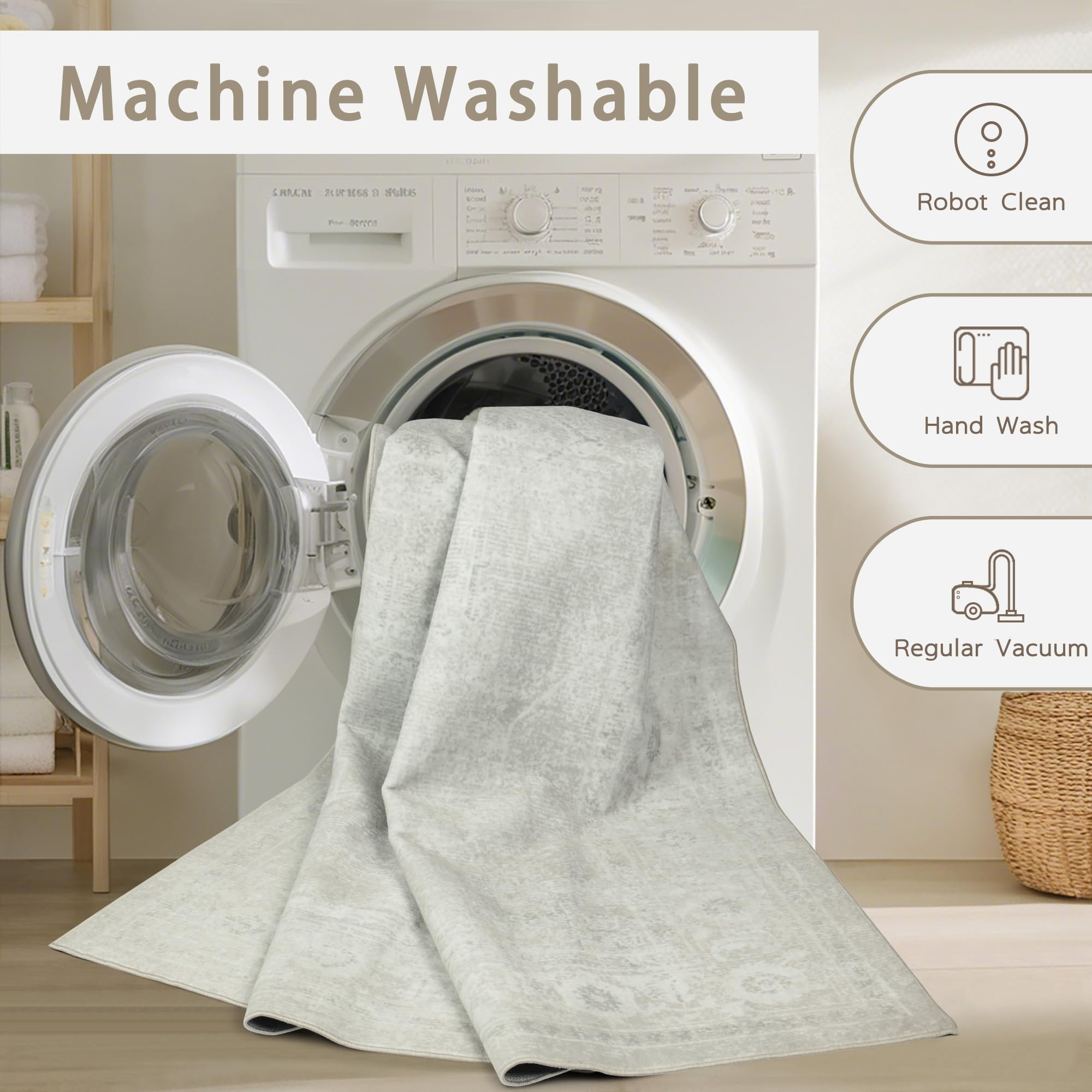 Srugn Washable Rugs 8x10 Area Rugs for Living Room,Bedroom,Dining Room- Large Ultra Soft Faux Wool Retro Carpets,Non Slip&Non-Shedding Low Pile Vintage Carpet for Home Office,Concrete Grey