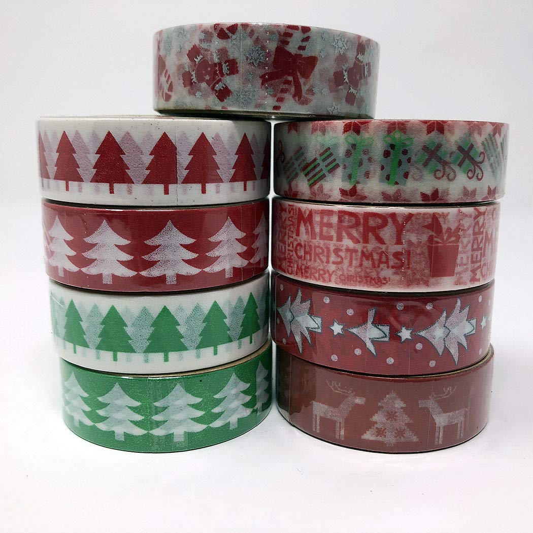 9 roll Set of Red and Green Christmas Paper Washi Tapes 1 cm x 10 m Ideal for Crafting