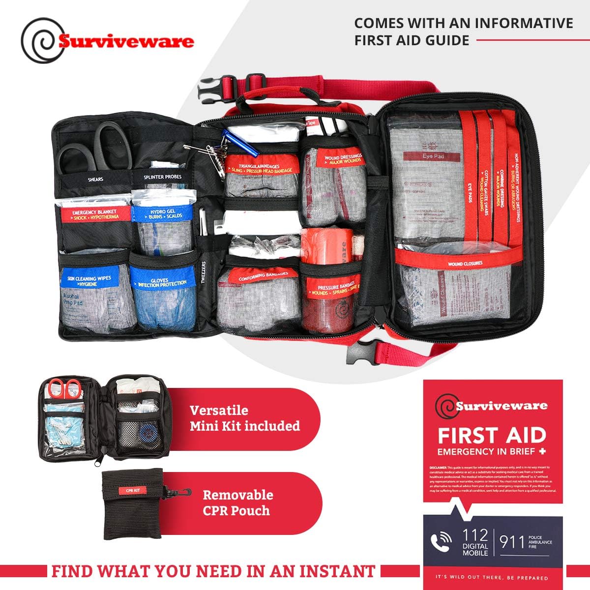Surviveware Large First Aid Kit & Added Mini Kit for Trucks, Car, Camping and Outdoor Preparedness: Health & Personal Care