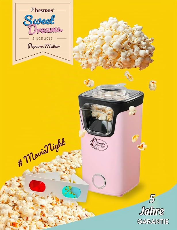 Popcornmaker, Turbo-Popcorn in unter 2 Minuten, Popcornmaschine mit Heißlufttechnologie, inkl. 10x Popcorntüten & integrierten Messbecher, Sweet Dreams Kollektion, Farbe: Rosa