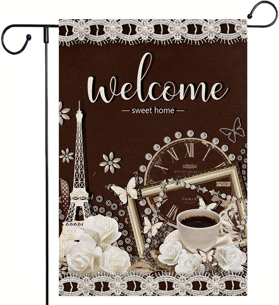 Monena Welcome Garden Flag, Classical Style Yard Flag, 12.5 x 18 Inch Double Sided Vertical Burlap Outdoor Decor Flags for Outside Patio Wedding Birthday Celebrate Party