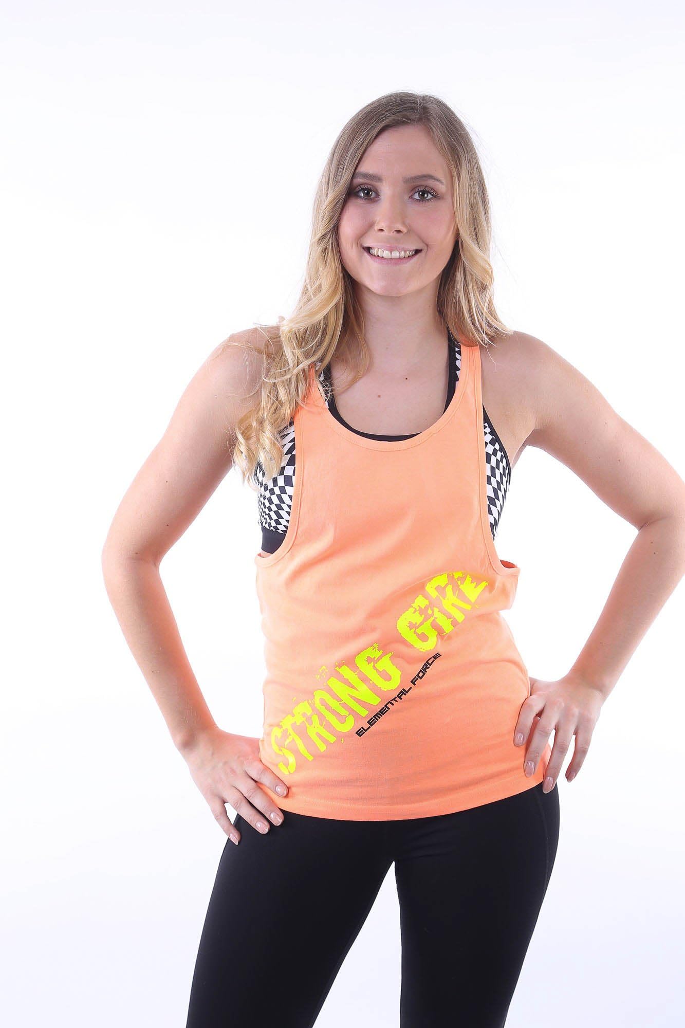 Elemental Force 'Loose Women's Fitness Tank Top Orange Casual Relaxed Fit with Strong Girl Logo in Neon Yellow