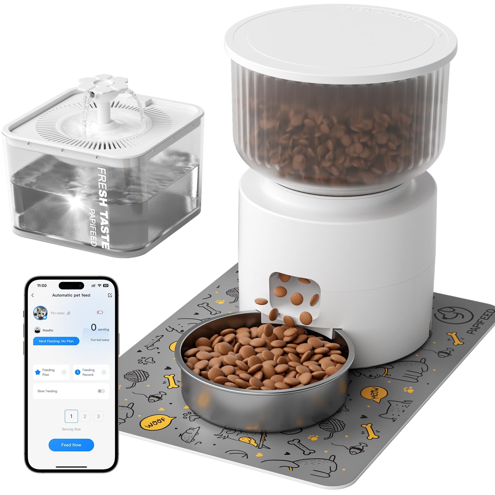 Photo 1 of PAPIFEED Automatic Cat Feeder and Water Fountain, 3L/12 Cups 2.4G WiFi Pet Feeder with Stainless Steel Bowl, Smart APP Control for Remote Feeding, 1-12 Meals Per Day, Detachable for Easy Clean (White)