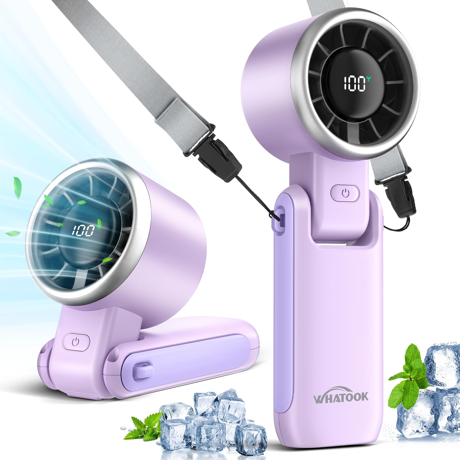 Portable Fan Handheld Mini Fan: Travel Fans with Air Turbo Tech, 4000mAh Battery with LED Display, 5 Gear Wind, 3 in 1 Foldable Small Hand Fans for Makeup, Outdoor, Working, Shopping (Purple)