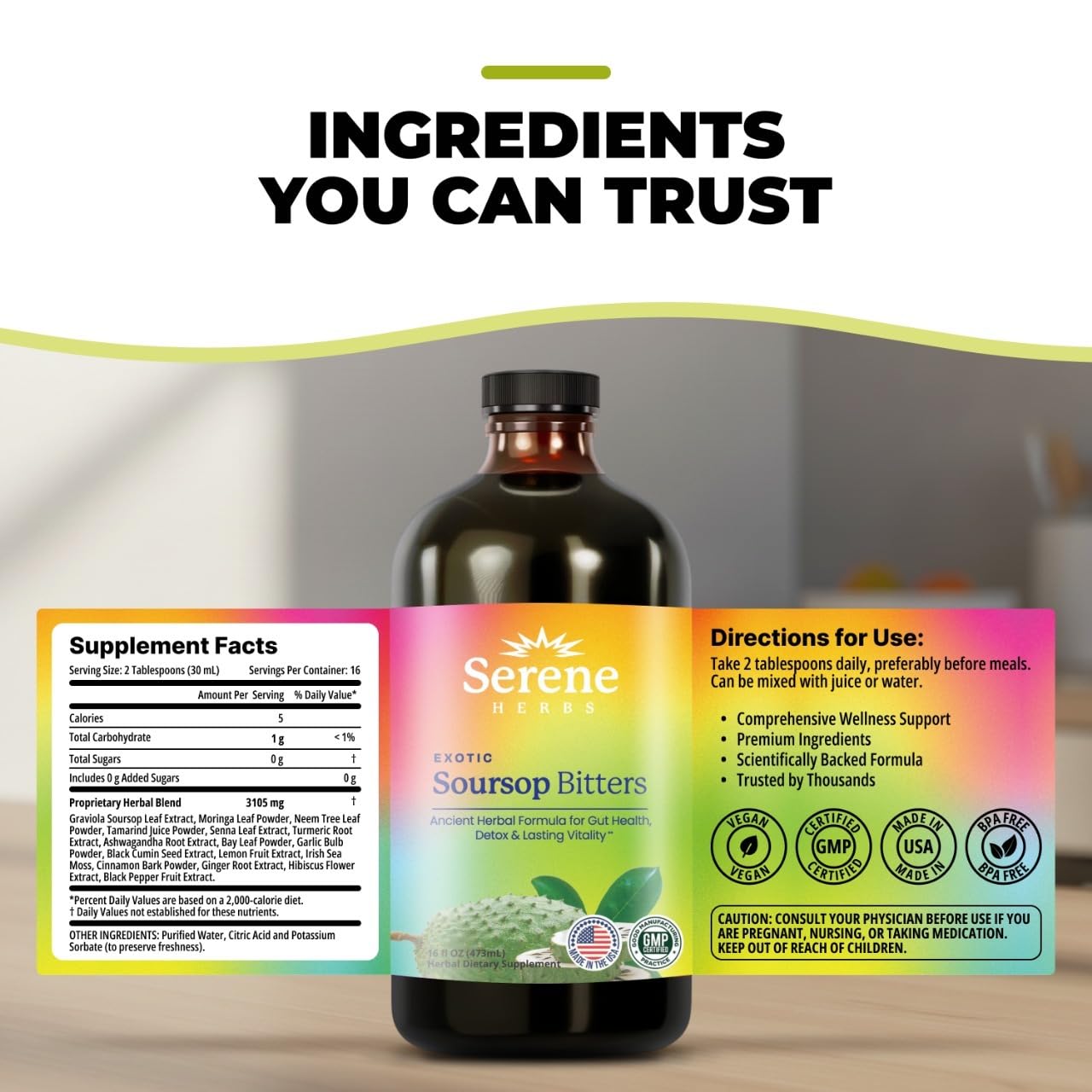 Serene Herbs - Soursop Bitters Liquid - Organic Herbal Guanabana Detox with Black Seed, Moringa & Ginger - Supports Digestive Wellness & Immune Function - 16 fl oz​