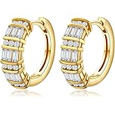 Emerald Cut Moissanite/Created Gemstone Hoop Earrings for Women 14K Gold Plated/925 Sterling Silver 15mm/21mm Huggie Hoops Anniversary Valentine's Day Christmas Jewelry(with Box)
