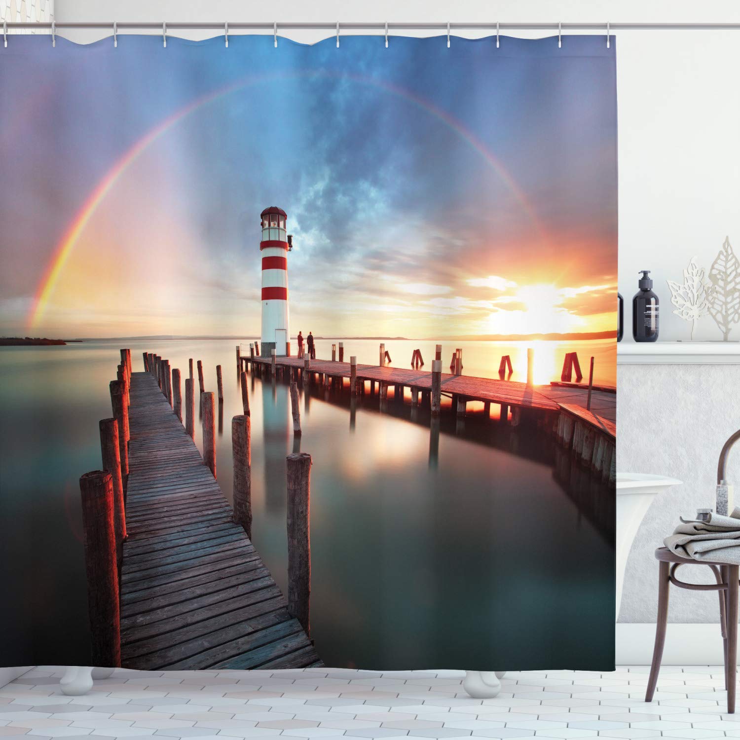 ABAKUHAUS Lighthouse Shower Curtain, Sunset at Seaside Wooden Docks Lighthouse Clouds Rainbow Waterfront Reflection, Cloth Fabric Bathroom Decor Set with Hooks, 78 Inches, Multicolor