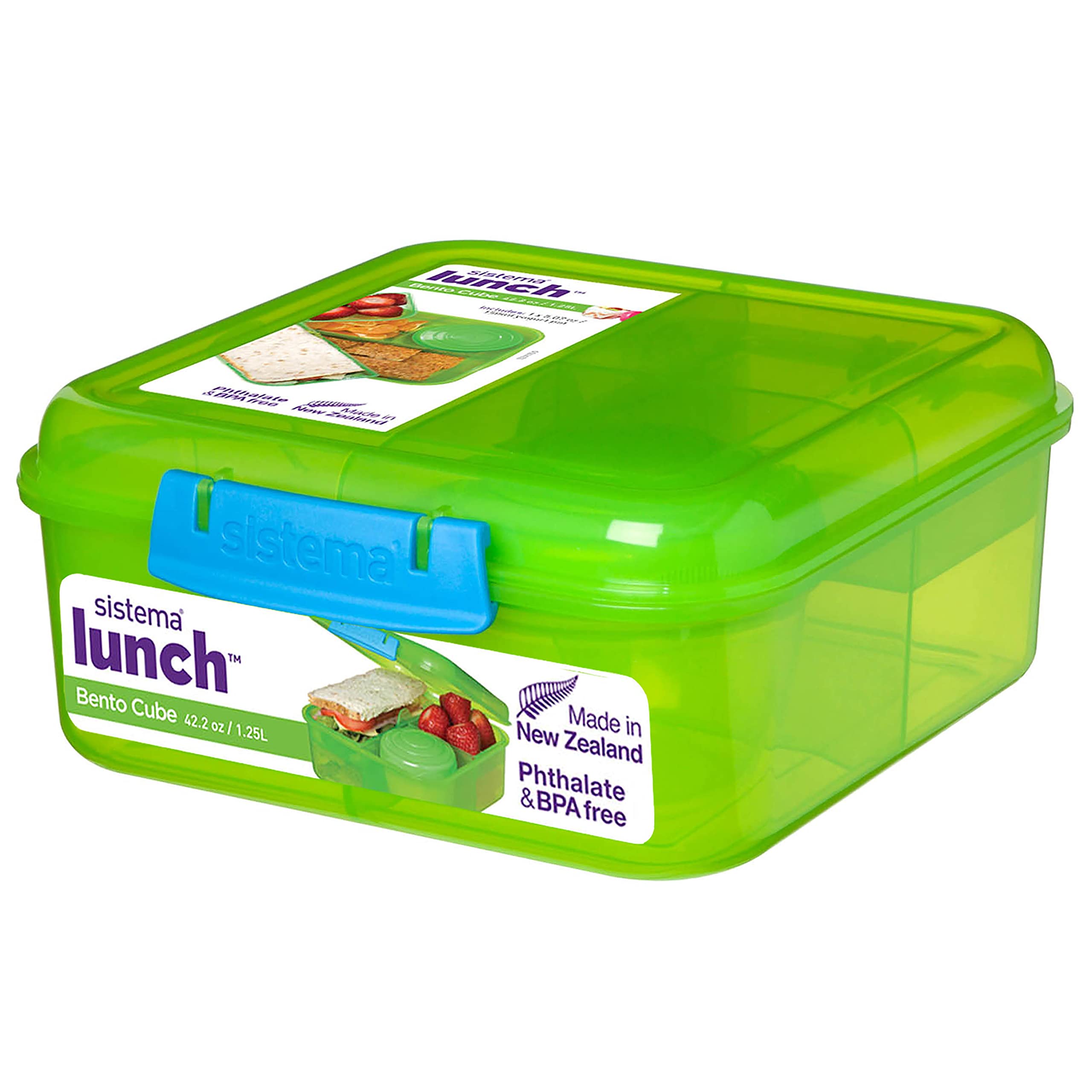Sistema Bento Cube Lunch Box | 1.25 L Food Storage Container with Individual Compartments & Yoghurt Pot | Assorted Colours (Varies by Pack) | 1 Count