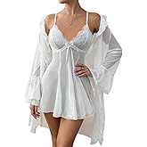 FEOYA Women's Mesh Sheer Pajama Set Nightgown with Robes 2 Piece Sexy Cami Lace Nightdress with Robe Sleepwear
