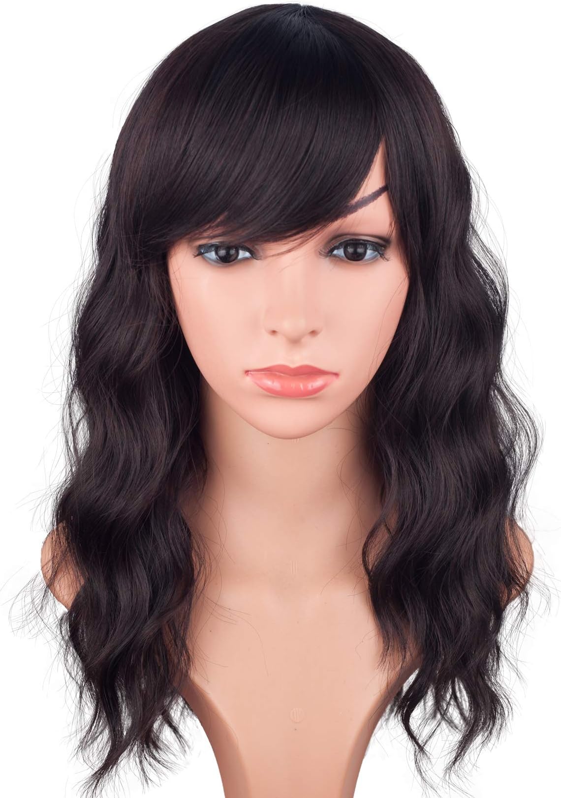 Medium Long Brown Wavy Wigs For Black Women Black Mix Brown Synthetic Wigs With Bangs Natural Looking Curly Hair Wigs Heat Resistant For Daily Use 16 Inches (Black Mix Brown)