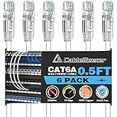 CableGeeker Cat6A Ethernet Patch Cable 0.5ft 6Pack White,High-Speed 10Gpbs, 550MHz Slim Patch Cables, 28AWG Flexiable Network
