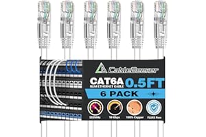 CableGeeker Cat6A Ethernet Patch Cable 0.5ft 6Pack White,High-Speed 10Gpbs, 550MHz Slim Patch Cables, 28AWG Flexiable Network