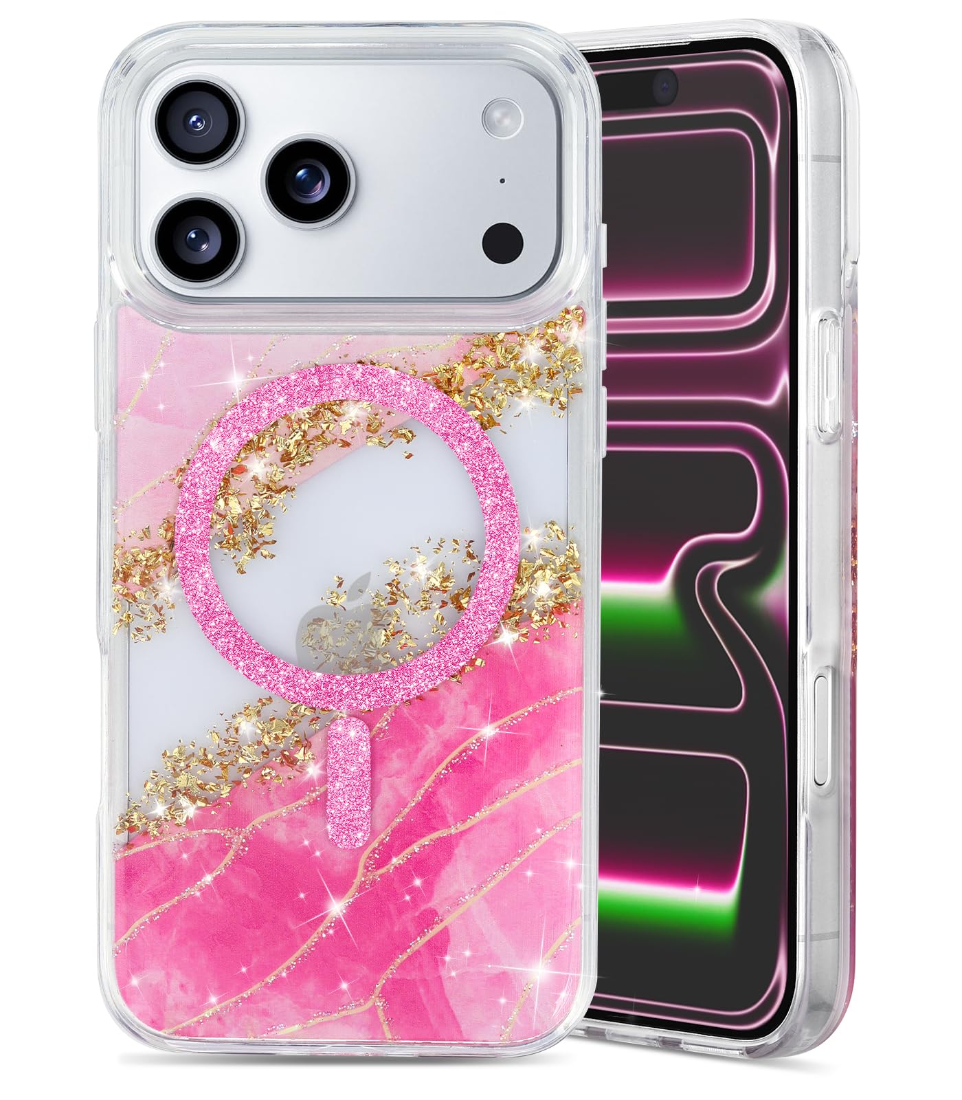 Teayoha Glitter Case for iPhone 17 Pro Max, Luxury Shiny Bling Sparkly Phone Cover, Wireless Charge Compatible with MagSafe,Cute Marble 3D Gold Foil Accents Clear Cover for Women, Girls - Rose Red