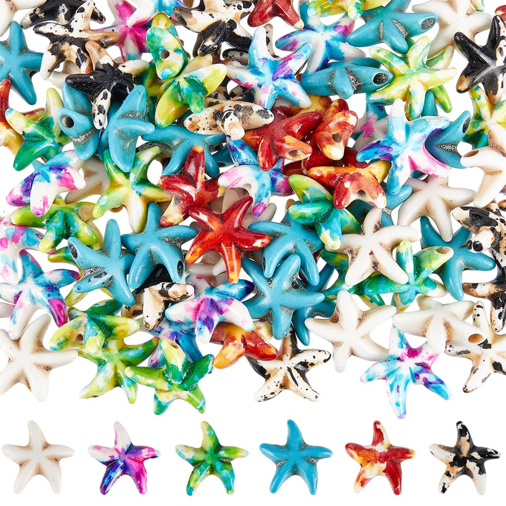SUNNYCLUE 120PCS 6 Colors Turquoise Starfish Beads Ocean Animal Beads Summer Hawaii Beach Sea Life Colorful Lucky Gemstone Loose Spacer Bulk for Jewellery Making Beading Kit Bracelet Craft