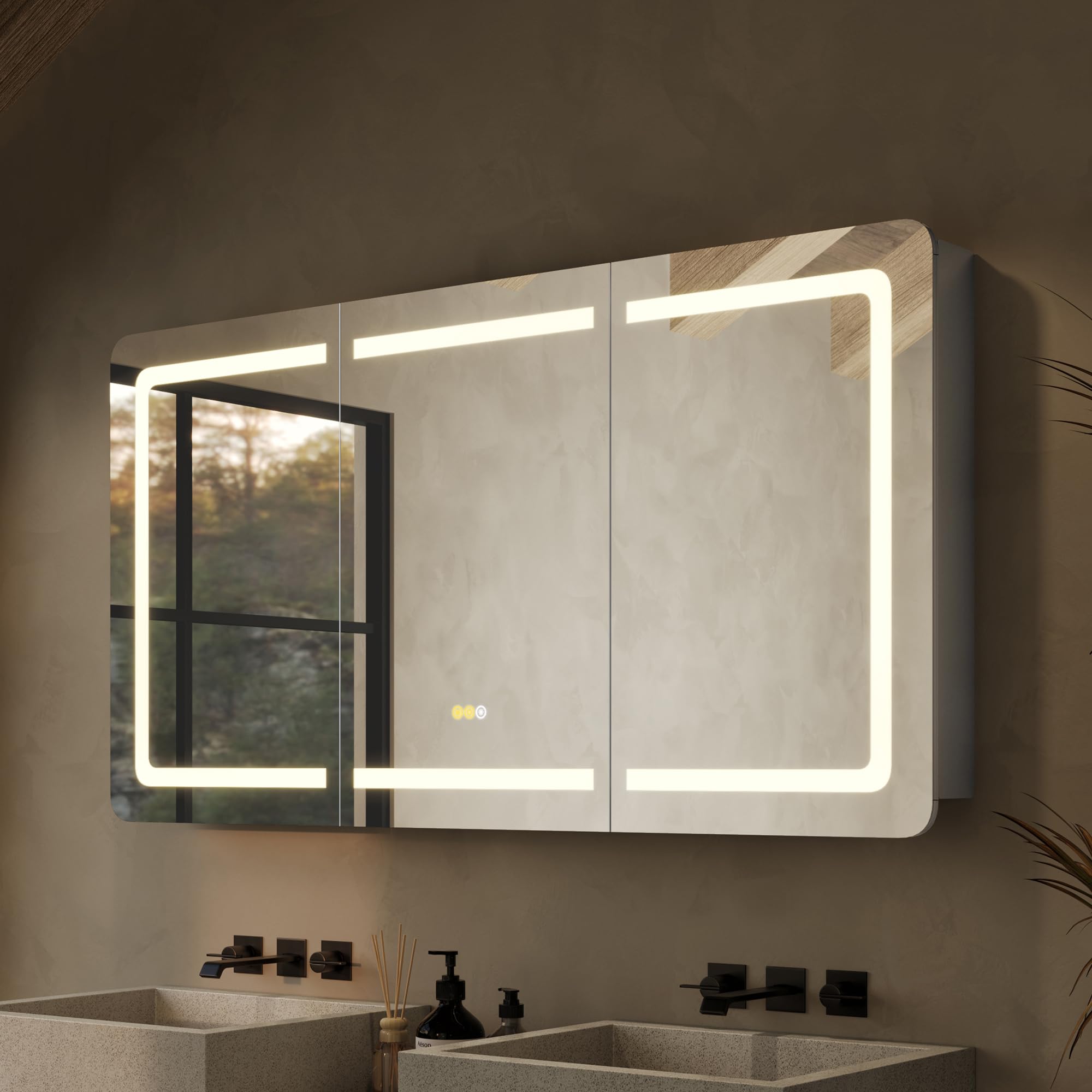 Photo 1 of ***DAMAGED - SEE NOTES/PICTURES***
60''x32'' LED Bathroom Mirror Cabinet with Lights, Wall Mounted or Recessed Medicine Cabinet, Dimmable Front& Anti-Fog, Adjustable Shelves, Modern Aluminum Storage Cabinet (60x32 in | 3 Doors)