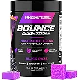 Bounce Pro Pre Workout Gummies – 50 Vegan Chewable Gummies with Caffeine, Lion’s Mane & L-Theanine for Energy, Focus & Endurance – Mushroom Preworkout for Men & Women – Black Razz Flavor