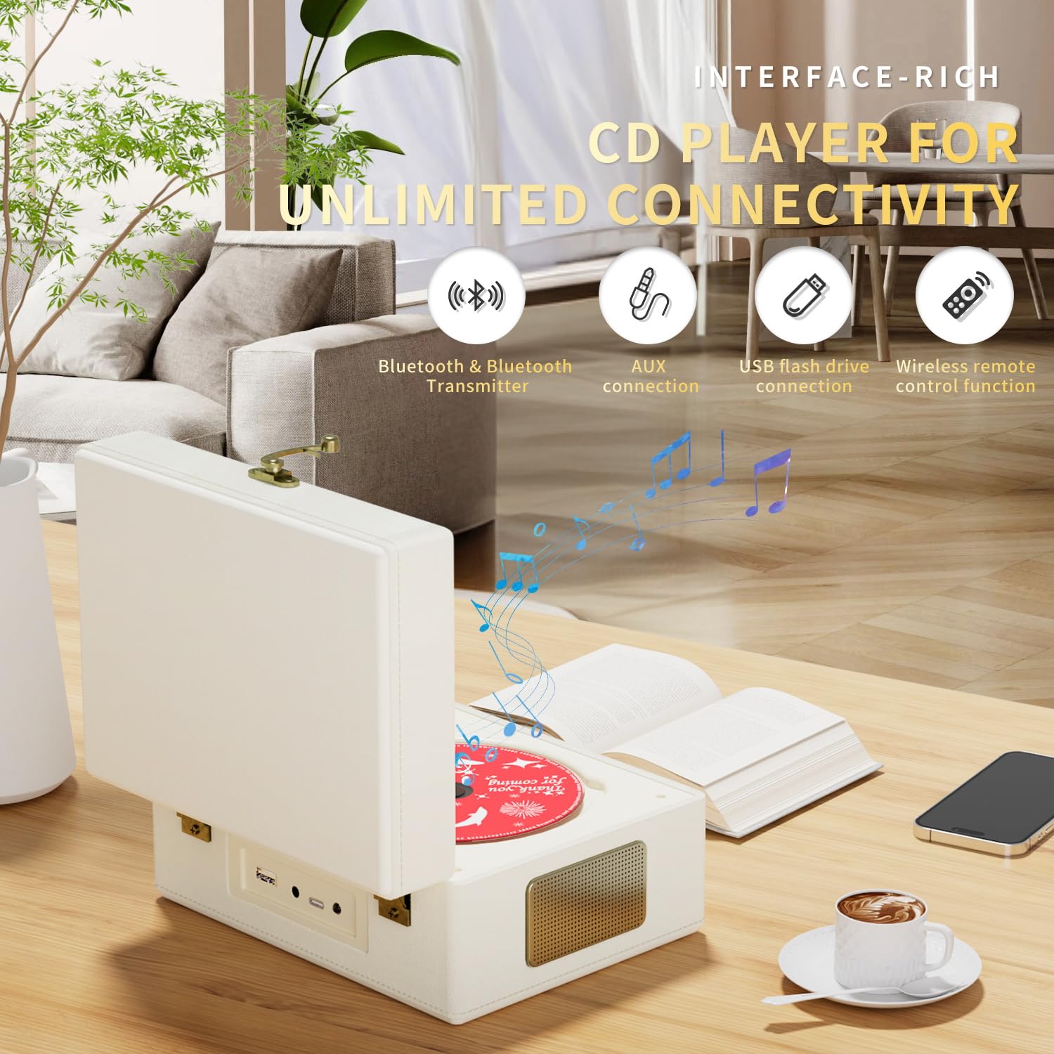 Rechargeable Leather CD Player with Speakers, Bluetooth Transmitter, Festival Gift, BGM Player for Home Decor., white