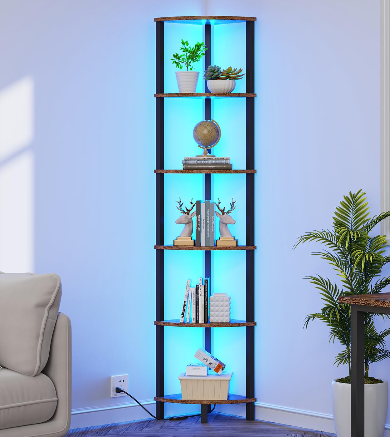 Photo 1 of VIMBER 6-Tier Corner Shelf with LED Light, Industrial Corner Ladder Shelf, Rustic Display Shelf for Living Room, Bedroom, Kitchen, Home Office, Sturdy Frame, Rustic Brown and Black UJSJ002F